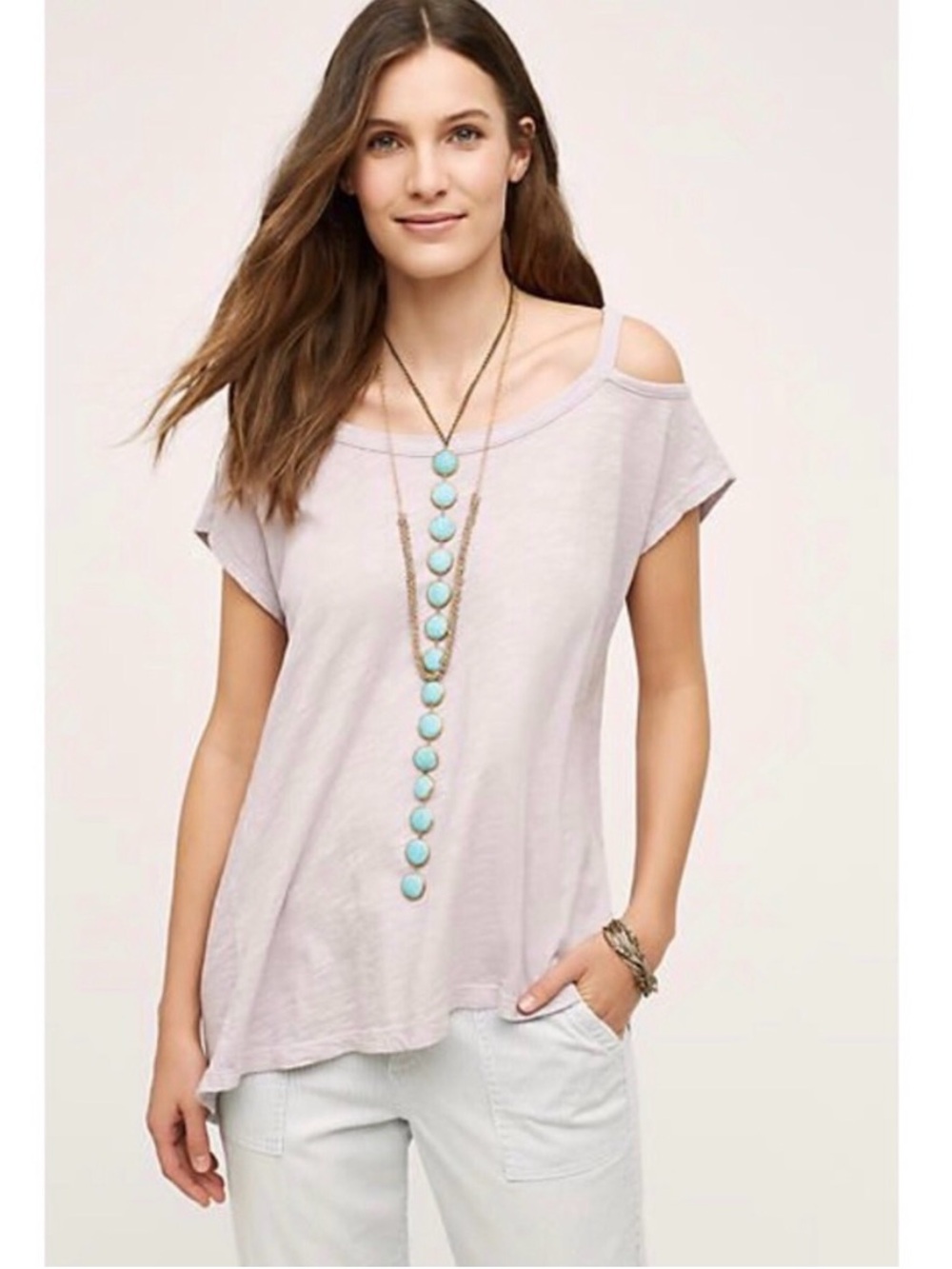 Anthropologie Left of Center light purple open shoulder tee size small